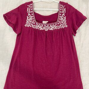 Casual Cap Sleeve Embroidered Top - Wine Red